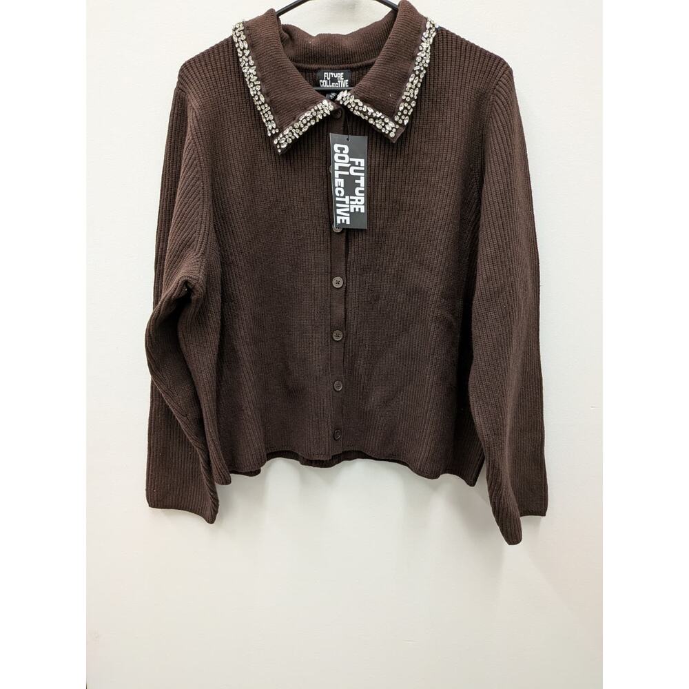 Future Collective Brown Ribbed Cardigan Rhinestone Collar Button Up NWT - Picture 6 of 7